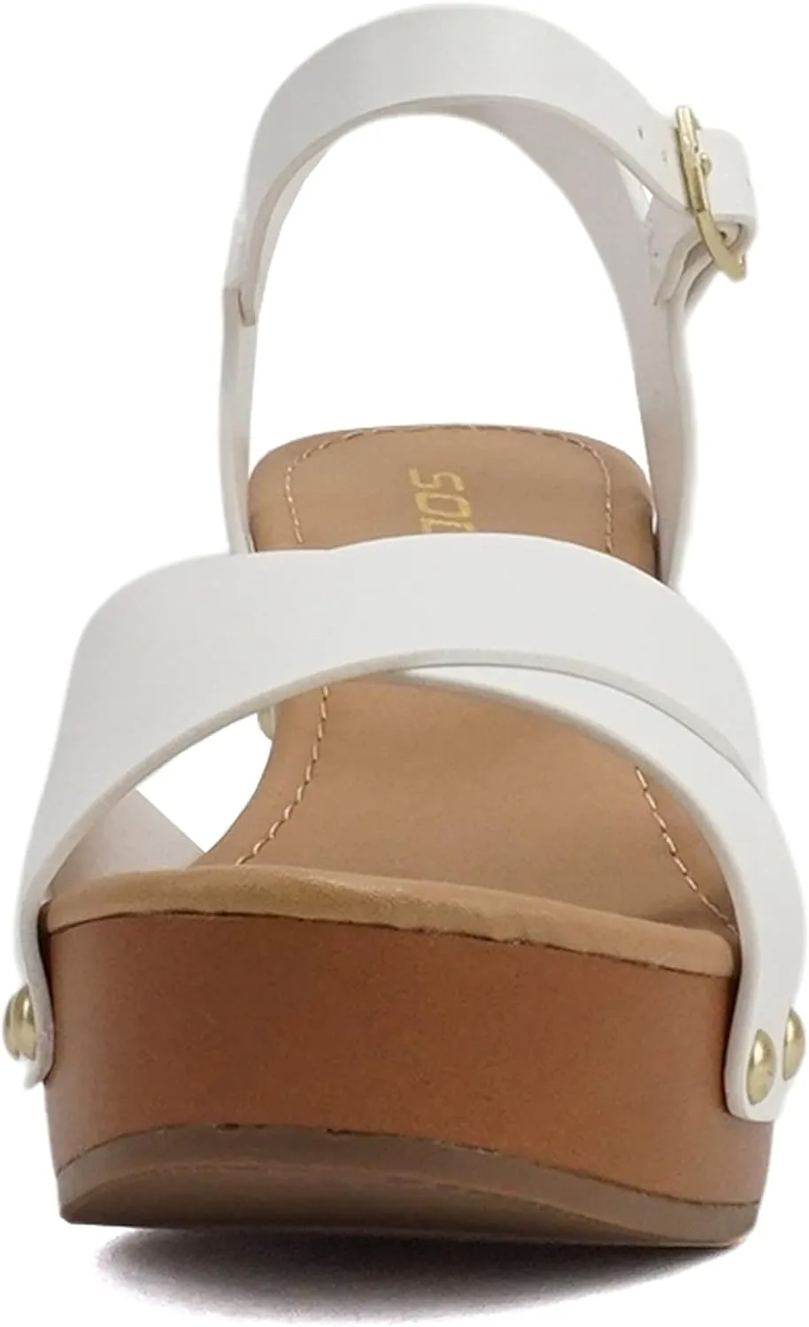 Soda MIGUEL ~ Women Crisscross Band Fashion Chunky Platform Block Mid Heel Sandal with Ankle Strap and Stud