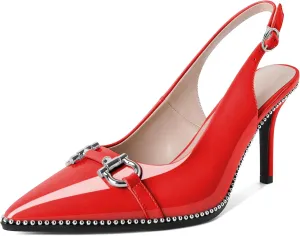 Soireelady Women Beaded Pumps High Heel Slingback Pointed Toe Slip On Stilettos Ankle Strap Adjustable Buckle 3.5 Inch Dress Shoes Patent Leather