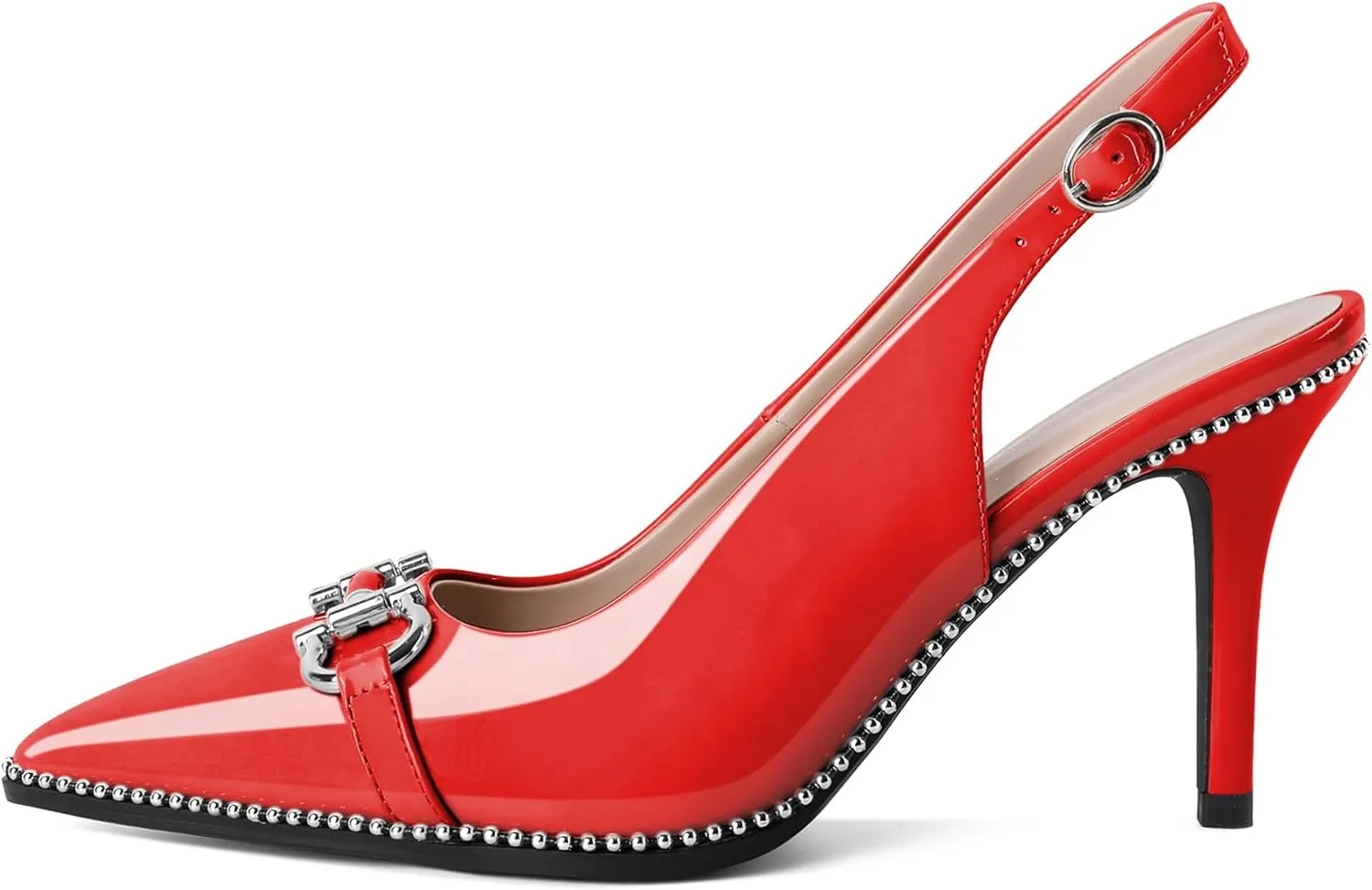 Soireelady Women Beaded Pumps High Heel Slingback Pointed Toe Slip On Stilettos Ankle Strap Adjustable Buckle 3.5 Inch Dress Shoes Patent Leather