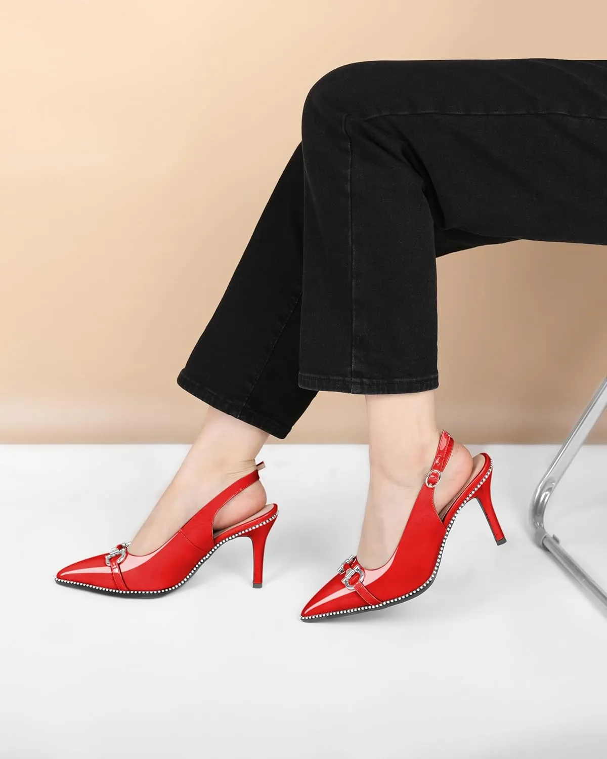 Soireelady Women Beaded Pumps High Heel Slingback Pointed Toe Slip On Stilettos Ankle Strap Adjustable Buckle 3.5 Inch Dress Shoes Patent Leather