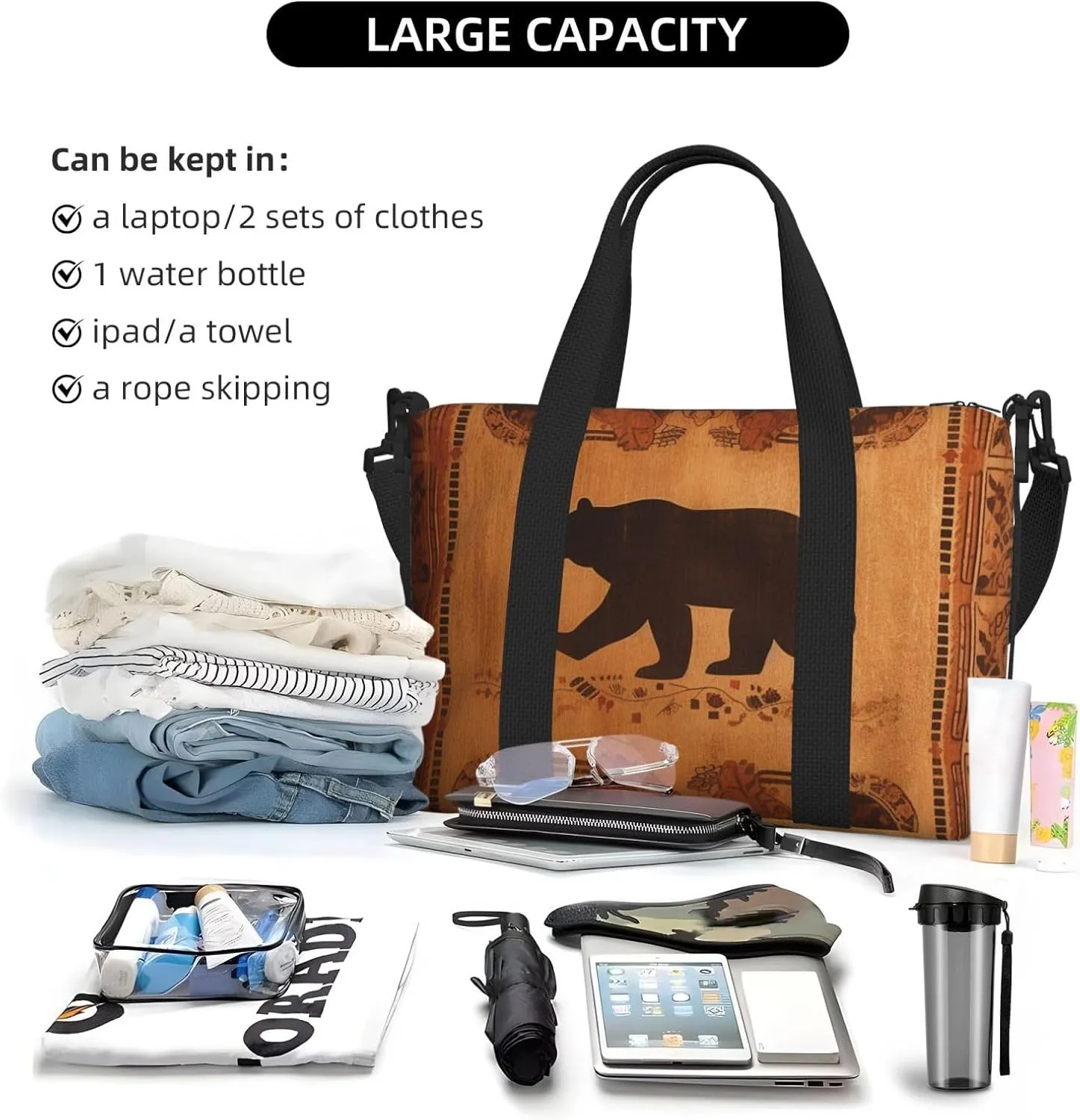 Sports Gym Bag for Women Men Travel Duffel Bag Tote Bear Weekender Bag Canvas Carry on Overnight Bag for Travel Swimming Fitness Workout Sports Duffle Bag
