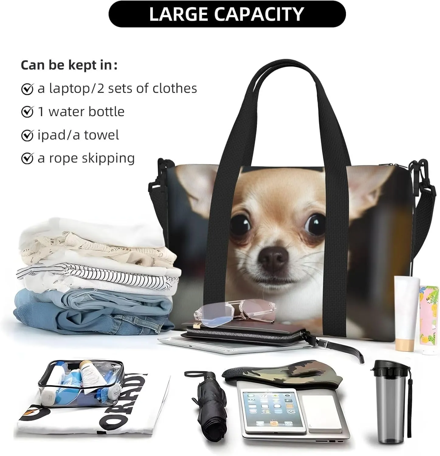 Sports Gym Bag for Women Men Travel Duffel Bag Tote cute chihuahua Weekender Bag Canvas Carry on Overnight Bag for Travel Swimming Fitness Workout Sports Duffle Bag