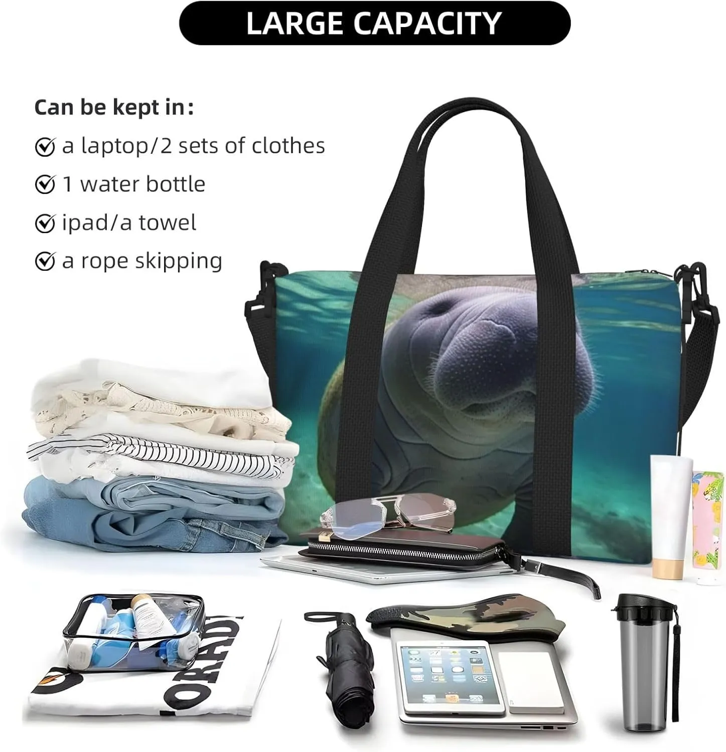Sports Gym Bag for Women Men Travel Duffel Bag Tote Cute Sea Animal Manatee Weekender Bag Canvas Carry on Overnight Bag for Travel Swimming Fitness Workout Sports Duffle Bag