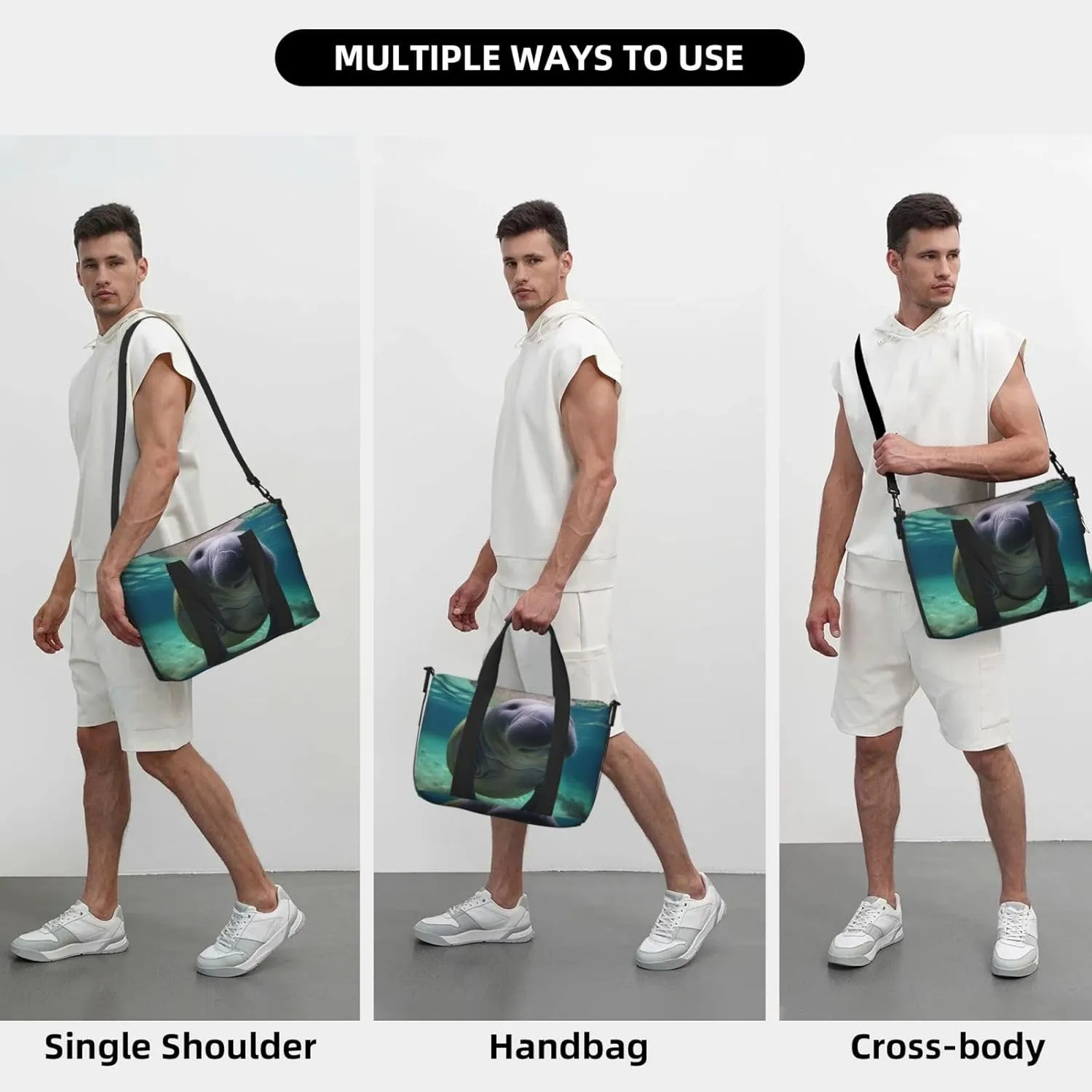 Sports Gym Bag for Women Men Travel Duffel Bag Tote Cute Sea Animal Manatee Weekender Bag Canvas Carry on Overnight Bag for Travel Swimming Fitness Workout Sports Duffle Bag
