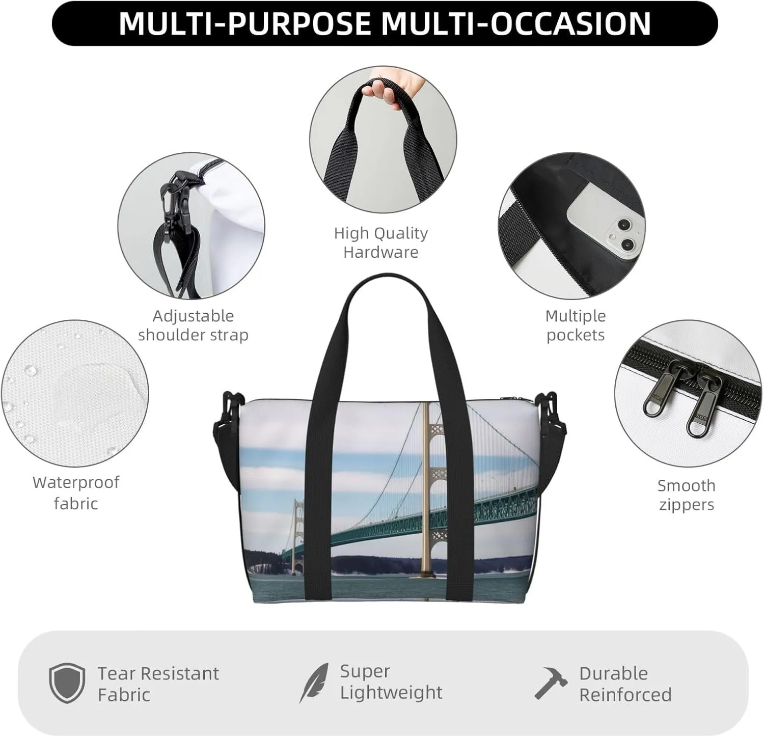 Sports Gym Bag for Women Men Travel Duffel Bag Tote Mackinac Suspension Bridge Weekender Bag Canvas Carry on Overnight Bag for Travel Swimming Fitness Workout Sports Duffle Bag
