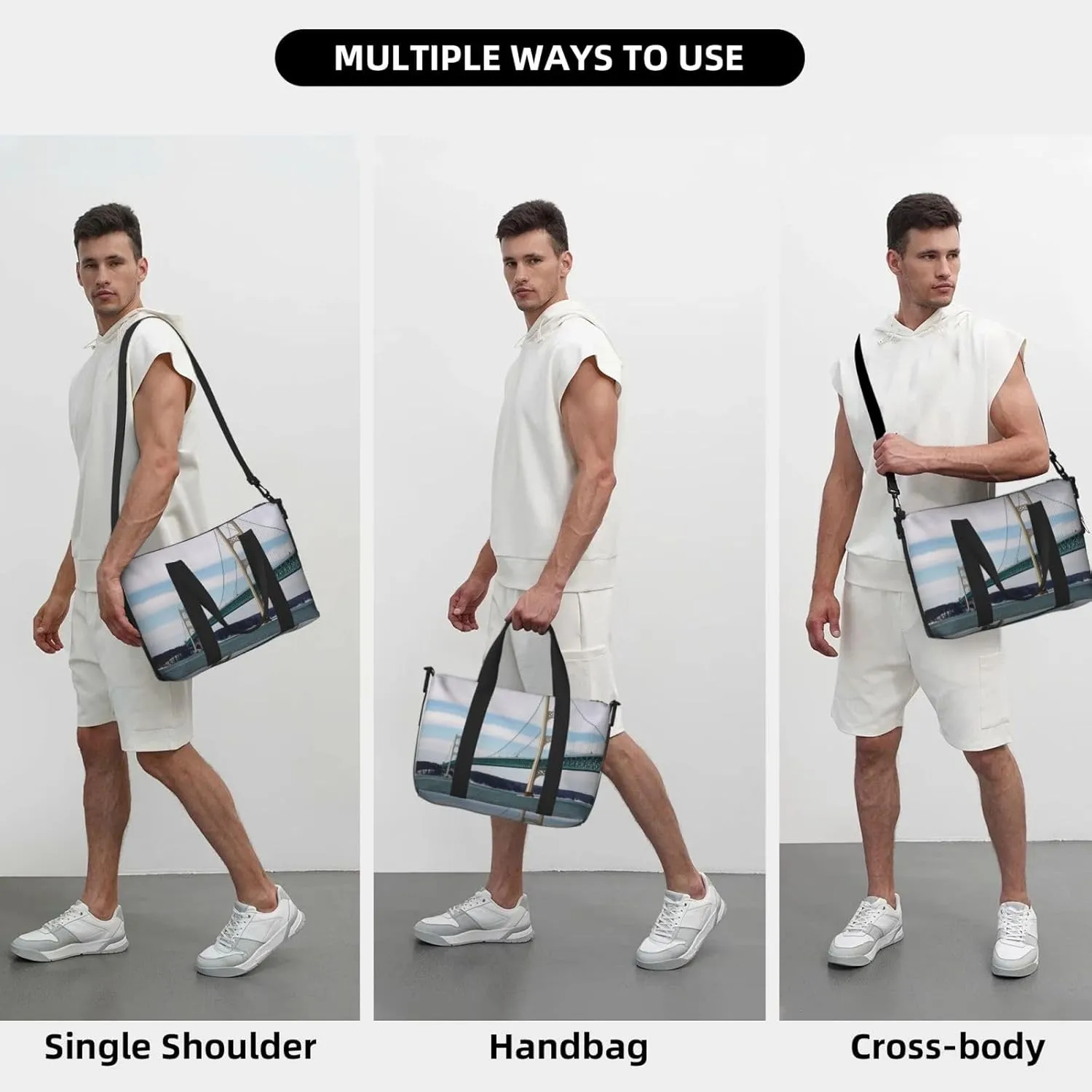 Sports Gym Bag for Women Men Travel Duffel Bag Tote Mackinac Suspension Bridge Weekender Bag Canvas Carry on Overnight Bag for Travel Swimming Fitness Workout Sports Duffle Bag