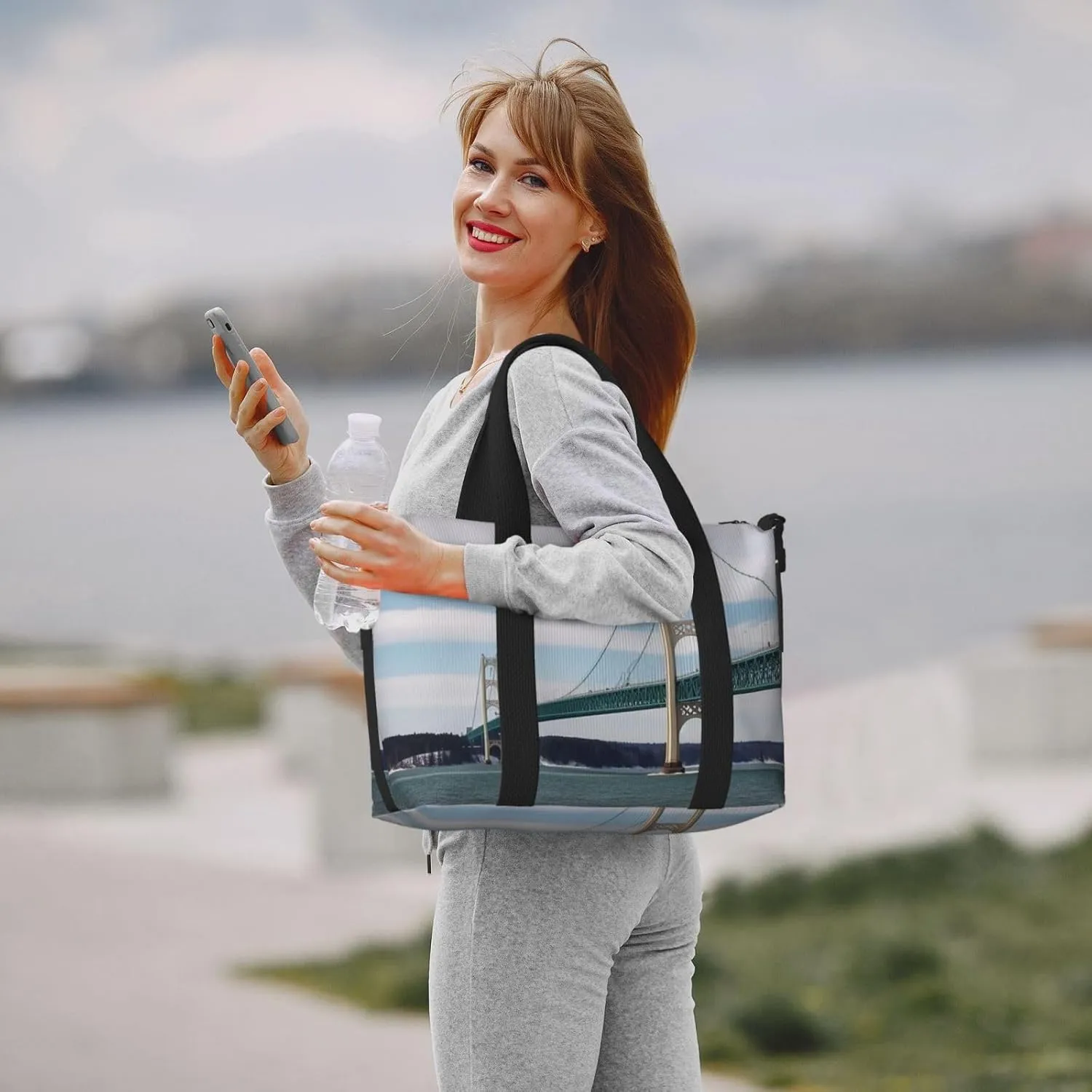 Sports Gym Bag for Women Men Travel Duffel Bag Tote Mackinac Suspension Bridge Weekender Bag Canvas Carry on Overnight Bag for Travel Swimming Fitness Workout Sports Duffle Bag