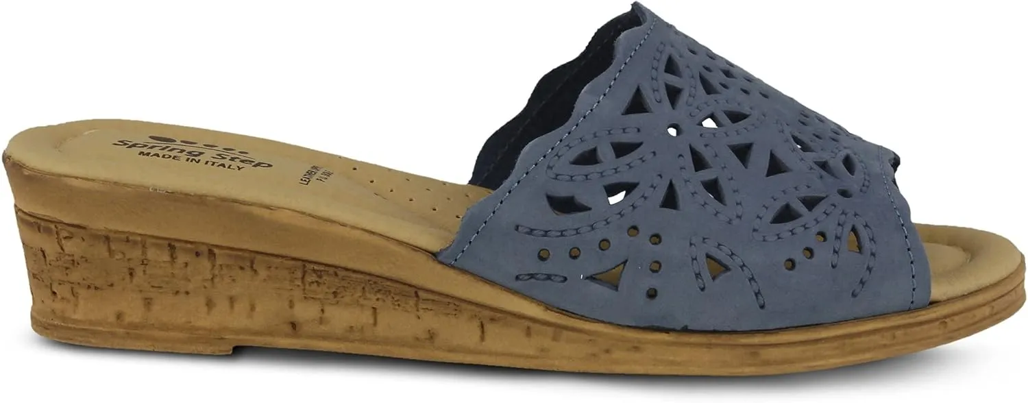 Spring Step Estella Women's Fashion Wedge Slide Sandals – Casual Leather Heel with Geometric Laser-Cut Detailing