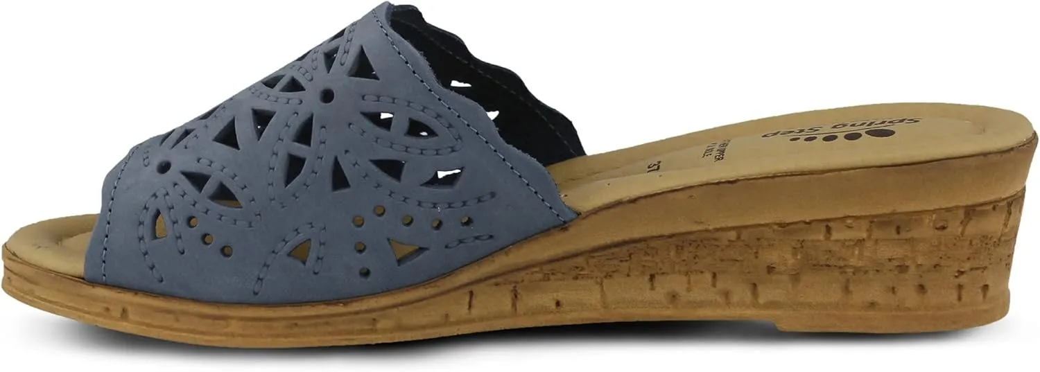 Spring Step Estella Women's Fashion Wedge Slide Sandals – Casual Leather Heel with Geometric Laser-Cut Detailing