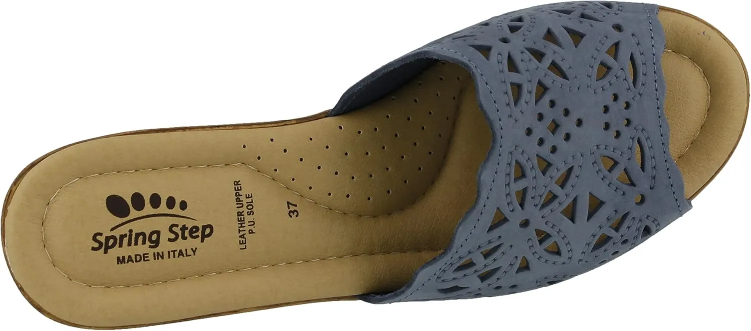 Spring Step Estella Women's Fashion Wedge Slide Sandals – Casual Leather Heel with Geometric Laser-Cut Detailing