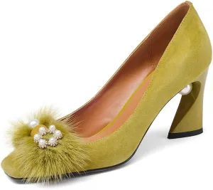 Suede Leather Women's Square Toe Chunky Heels Vintage Floral Handmade Dress Pump Shoes with Fur Pearl