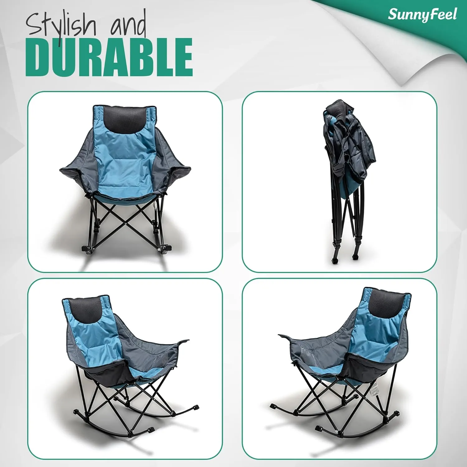 SUNNYFEEL Rocking Camping Chair, Luxury Padded Recliner, Oversized Folding Lawn Chair with Pocket, Heavy Duty for Outdoor/Picnic/Lounge/Patio, Portable Camp Rocker Chairs with Carry Bag
