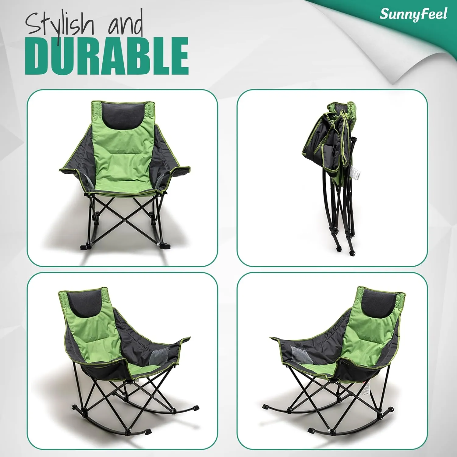 SUNNYFEEL Rocking Camping Chair, Luxury Padded Recliner, Oversized Folding Lawn Chair with Pocket, Heavy Duty for Outdoor/Picnic/Lounge/Patio, Portable Camp Rocker Chairs with Carry Bag