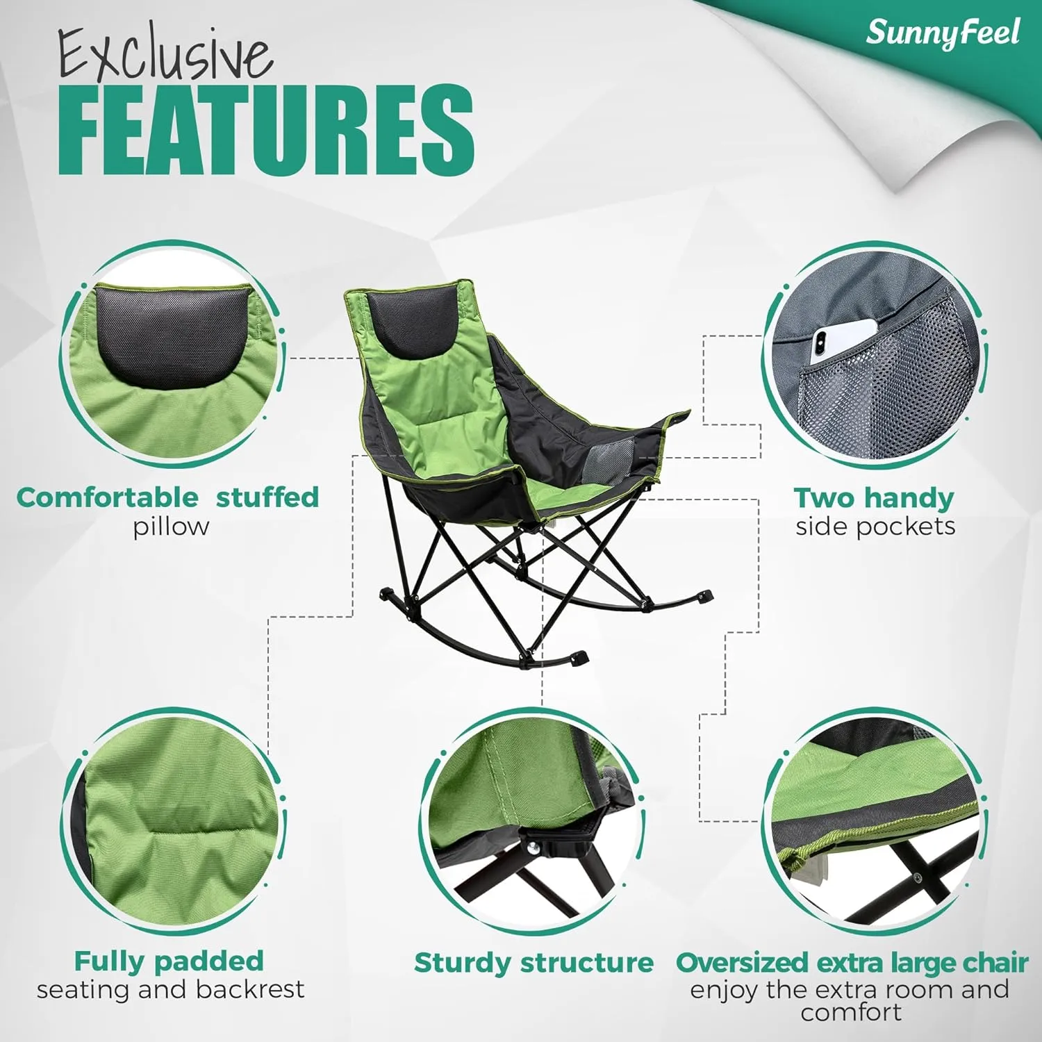 SUNNYFEEL Rocking Camping Chair, Luxury Padded Recliner, Oversized Folding Lawn Chair with Pocket, Heavy Duty for Outdoor/Picnic/Lounge/Patio, Portable Camp Rocker Chairs with Carry Bag