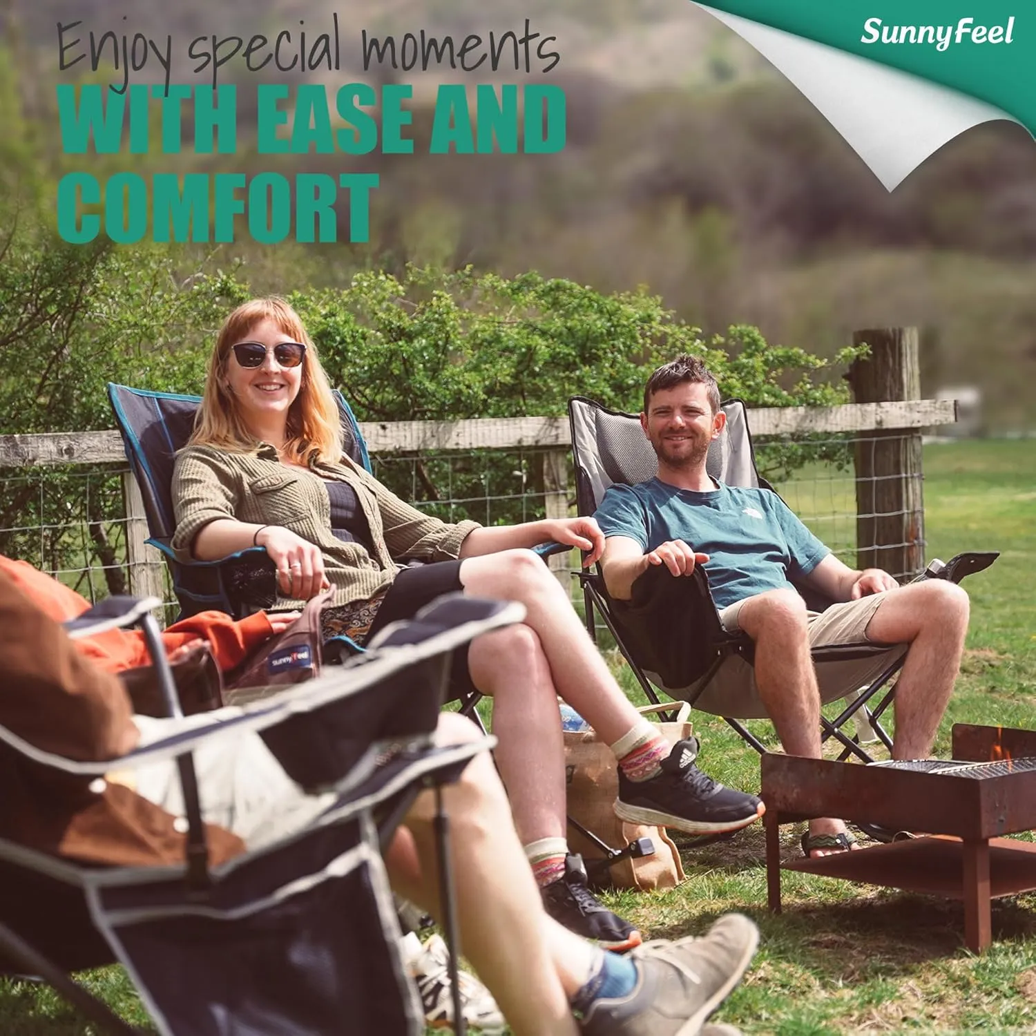 SUNNYFEEL Rocking Camping Chair, Luxury Padded Recliner, Oversized Folding Lawn Chair with Pocket, Heavy Duty for Outdoor/Picnic/Lounge/Patio, Portable Camp Rocker Chairs with Carry Bag