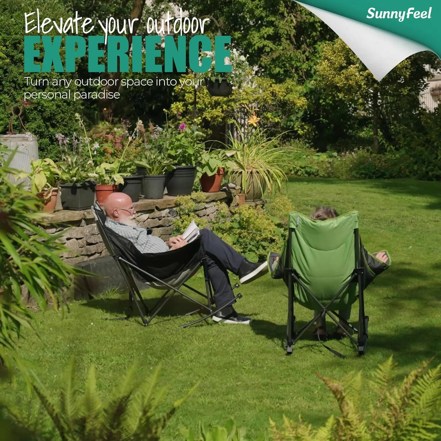 SUNNYFEEL Rocking Camping Chair, Luxury Padded Recliner, Oversized Folding Lawn Chair with Pocket, Heavy Duty for Outdoor/Picnic/Lounge/Patio, Portable Camp Rocker Chairs with Carry Bag