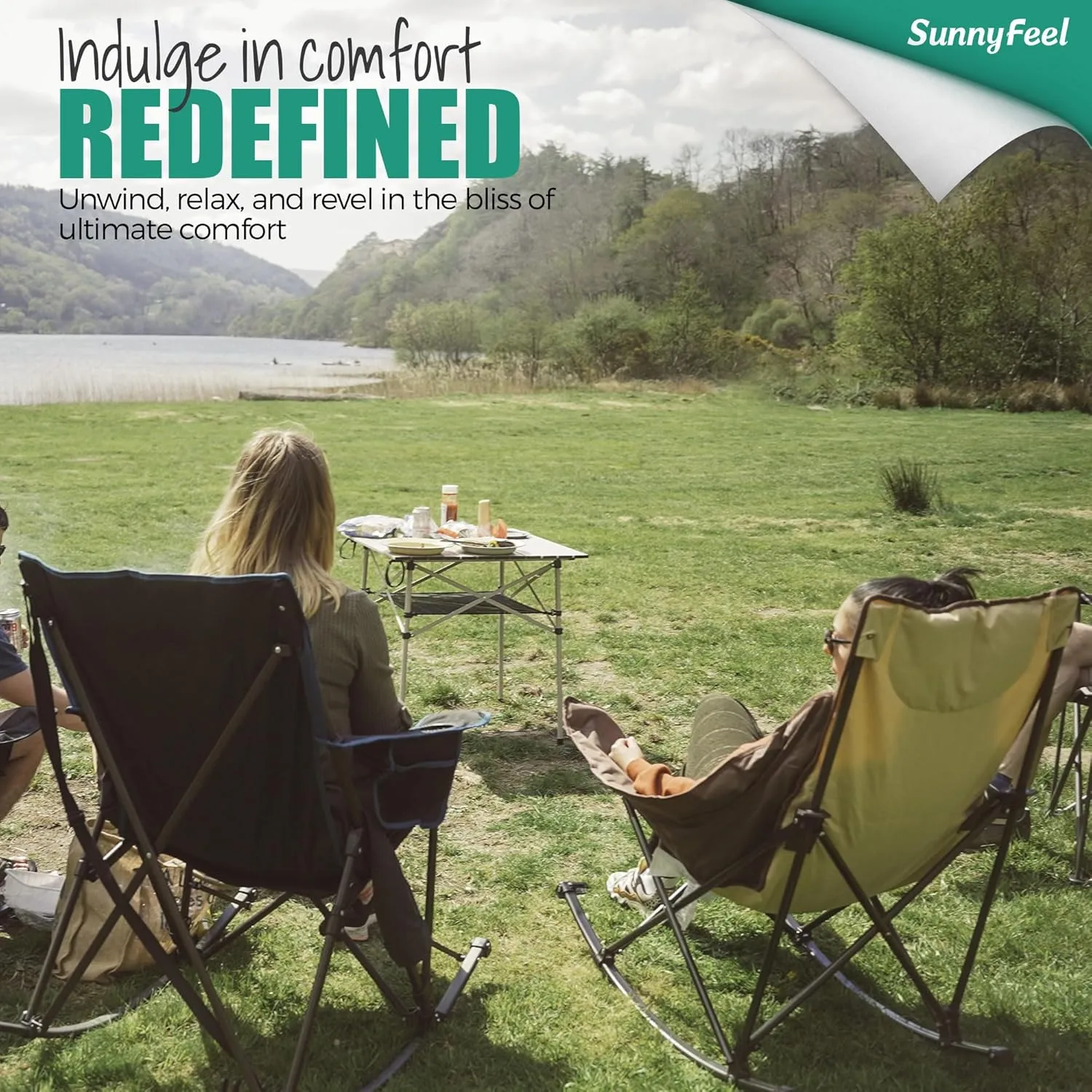 SUNNYFEEL Rocking Camping Chair, Luxury Padded Recliner, Oversized Folding Lawn Chair with Pocket, Heavy Duty for Outdoor/Picnic/Lounge/Patio, Portable Camp Rocker Chairs with Carry Bag
