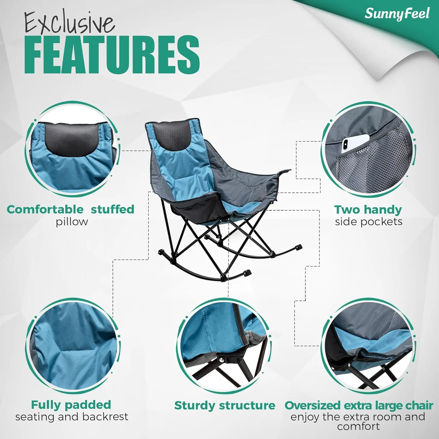 SUNNYFEEL Rocking Camping Chair, Luxury Padded Recliner, Oversized Folding Lawn Chair with Pocket, Heavy Duty for Outdoor/Picnic/Lounge/Patio, Portable Camp Rocker Chairs with Carry Bag