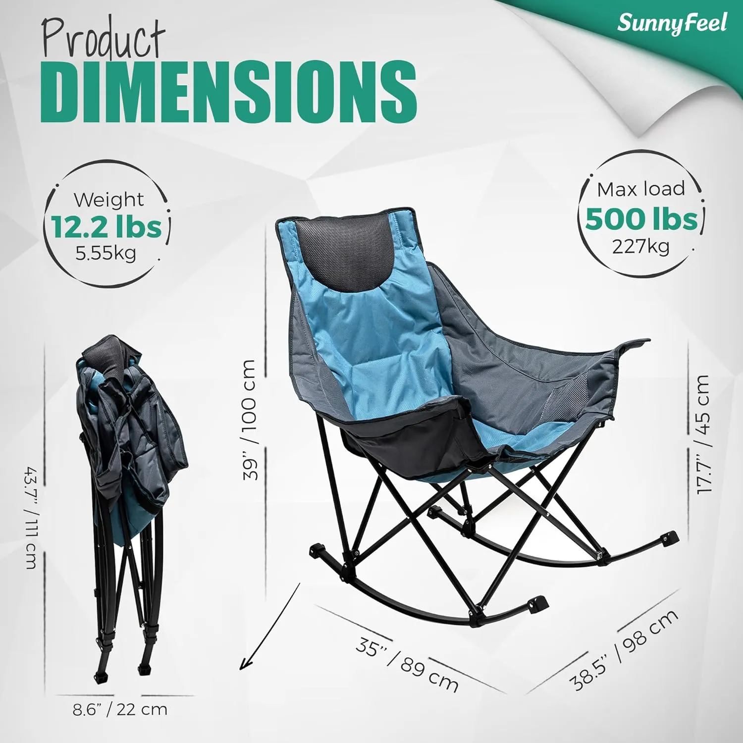 SUNNYFEEL Rocking Camping Chair, Luxury Padded Recliner, Oversized Folding Lawn Chair with Pocket, Heavy Duty for Outdoor/Picnic/Lounge/Patio, Portable Camp Rocker Chairs with Carry Bag