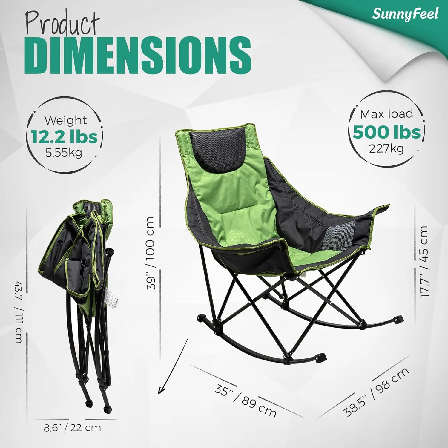SUNNYFEEL Rocking Camping Chair, Luxury Padded Recliner, Oversized Folding Lawn Chair with Pocket, Heavy Duty for Outdoor/Picnic/Lounge/Patio, Portable Camp Rocker Chairs with Carry Bag