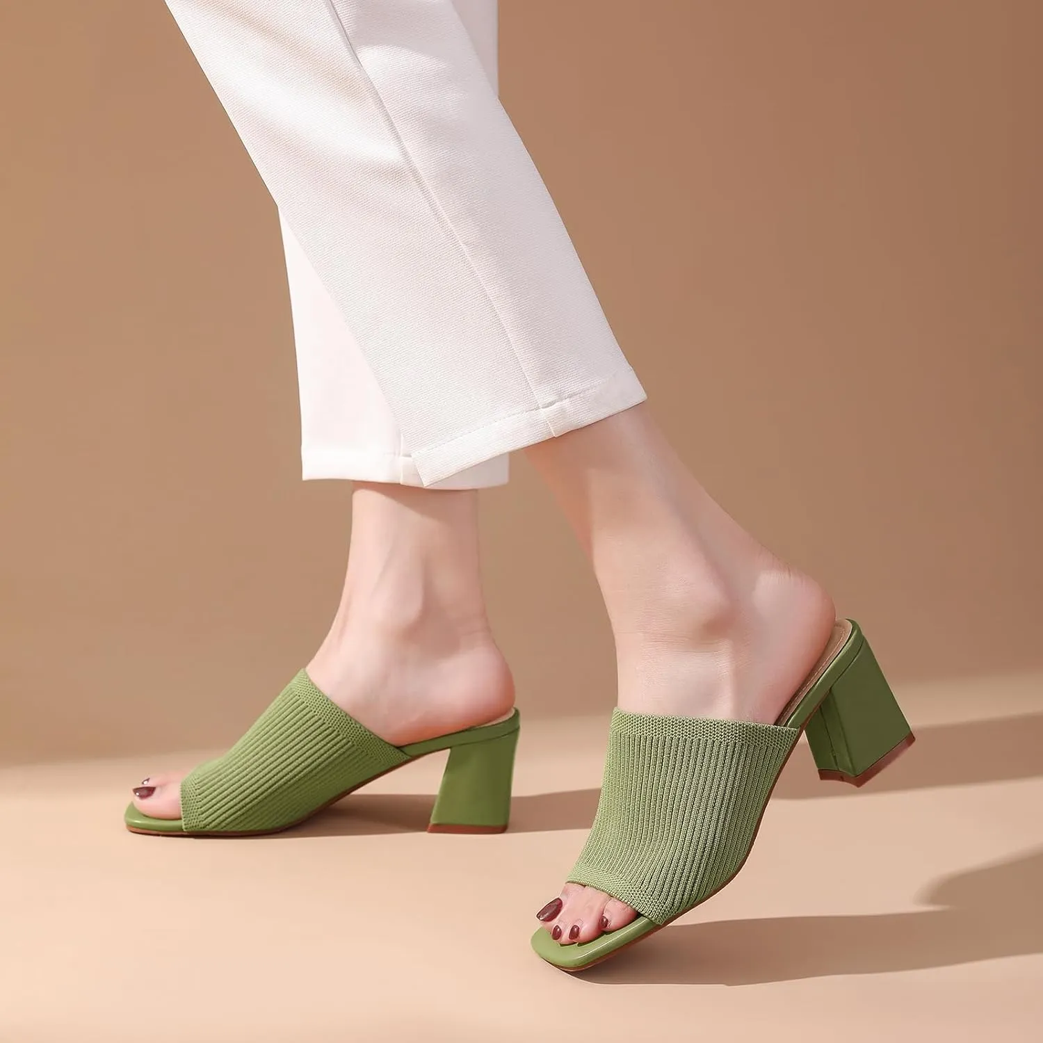 Tilocow Knit Heeled Sandals for Women Square Chunky Low Block Heel Mules Open Toe Slip On Breathable Slides Sandal Black