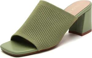 Tilocow Knit Heeled Sandals for Women Square Chunky Low Block Heel Mules Open Toe Slip On Breathable Slides Sandal Black