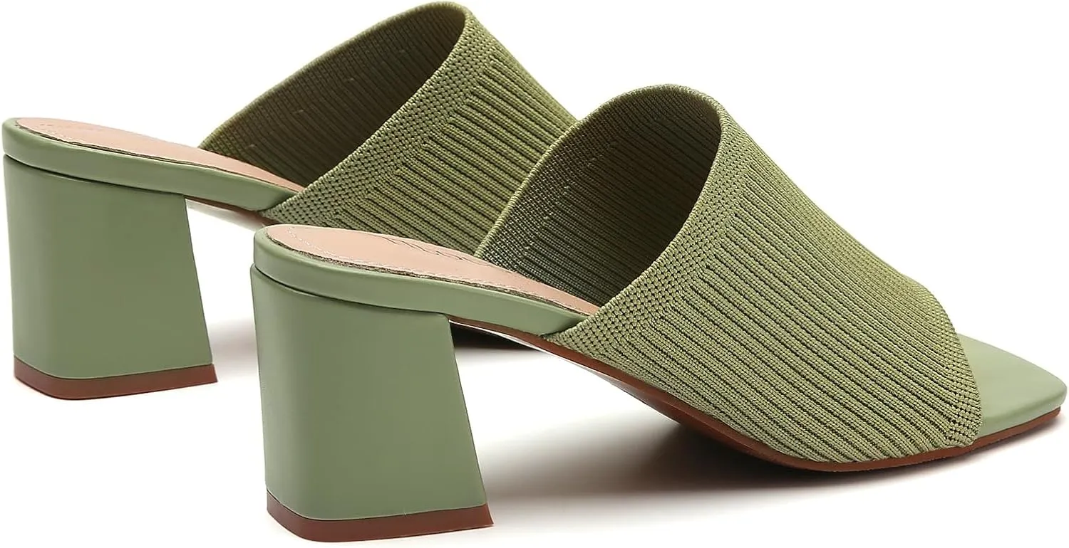 Tilocow Knit Heeled Sandals for Women Square Chunky Low Block Heel Mules Open Toe Slip On Breathable Slides Sandal Black