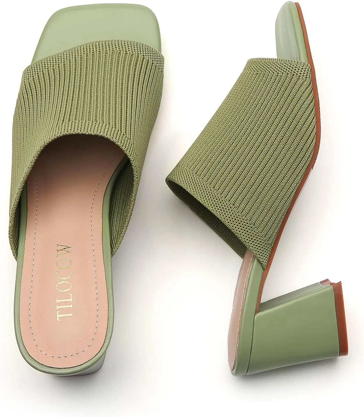 Tilocow Knit Heeled Sandals for Women Square Chunky Low Block Heel Mules Open Toe Slip On Breathable Slides Sandal Black