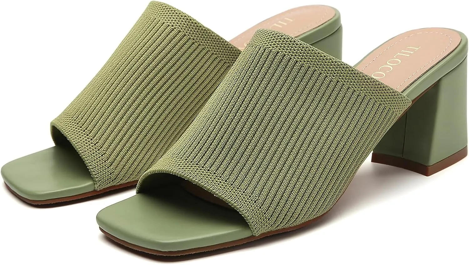 Tilocow Knit Heeled Sandals for Women Square Chunky Low Block Heel Mules Open Toe Slip On Breathable Slides Sandal Black