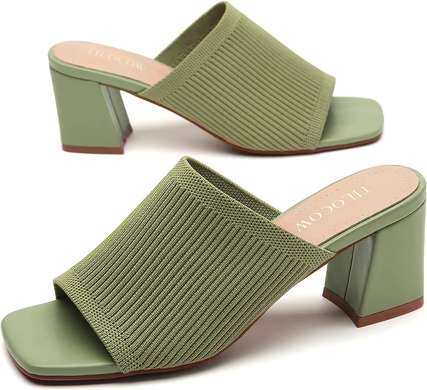 Tilocow Knit Heeled Sandals for Women Square Chunky Low Block Heel Mules Open Toe Slip On Breathable Slides Sandal Black