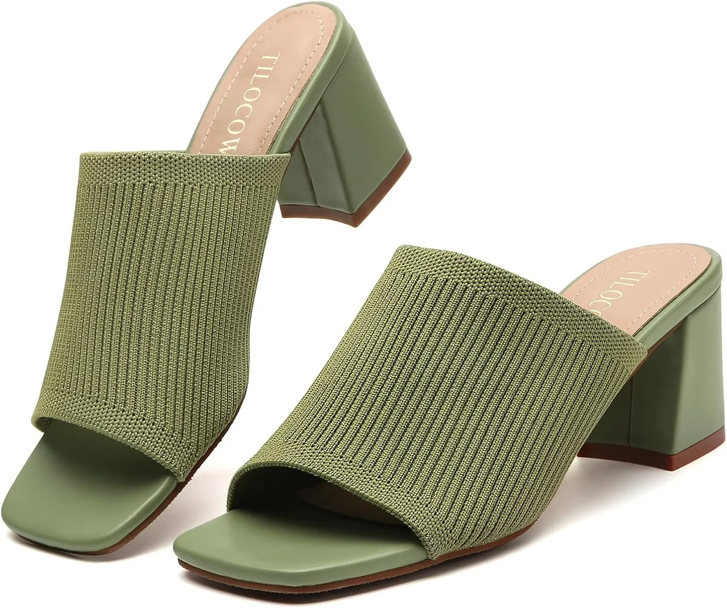Tilocow Knit Heeled Sandals for Women Square Chunky Low Block Heel Mules Open Toe Slip On Breathable Slides Sandal Black