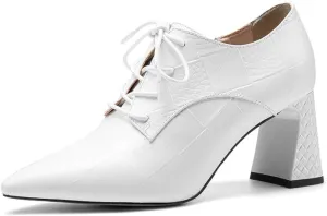 TinaCus Women's Genuine Leather Handmade Pointed Toe Mid Chunky Heel Lace Up Modern Pump Shoes with Side Zip
