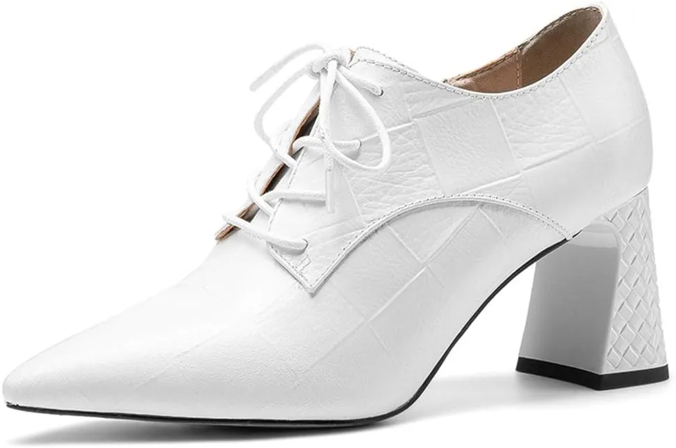 TinaCus Women's Genuine Leather Handmade Pointed Toe Mid Chunky Heel Lace Up Modern Pump Shoes with Side Zip