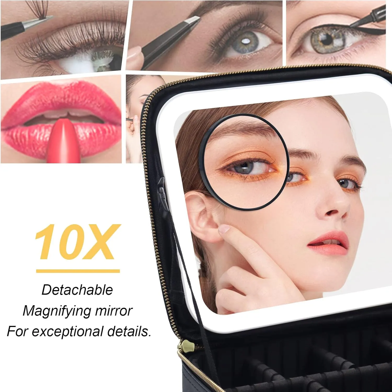Travel Makeup Bag Cosmetic Bag Make up Organizer Bag with Large Lighted Mirror 3 Color Modes Adjustable Brightness, Waterproof PU Leather Makeup Travel Case Makeup Train Case Toiletry Gift Accessories