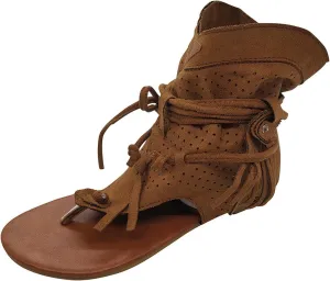 Vintage Flip Flops for Women Bohemian Tassel Clip Toe Straps Lace up Flat Sandals Summer Comfortable Casual Breathable Roman Beach Shoes Boots