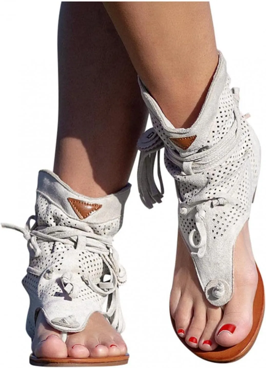Vintage Flip Flops for Women Bohemian Tassel Clip Toe Straps Lace up Flat Sandals Summer Comfortable Casual Breathable Roman Beach Shoes Boots