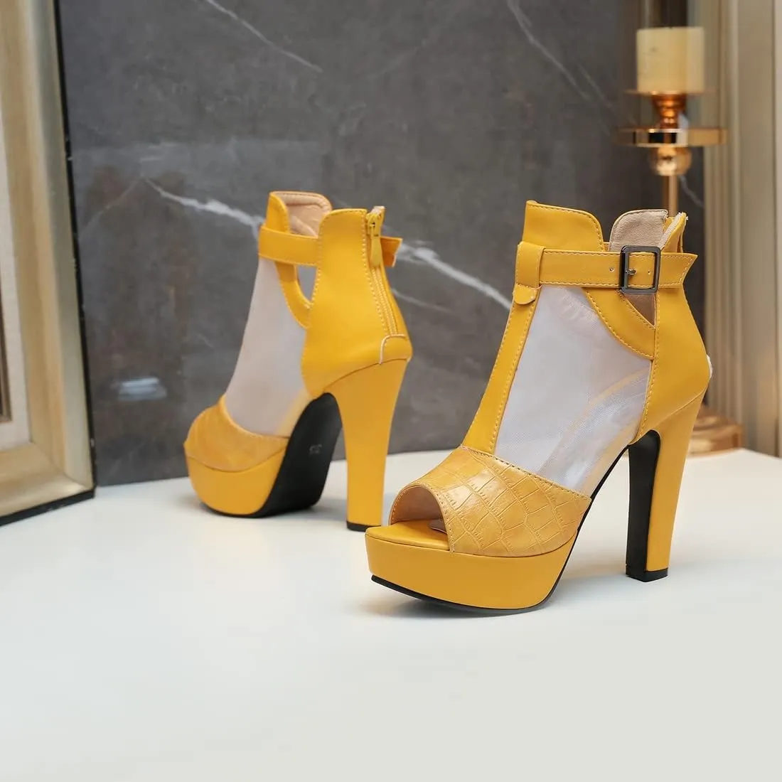 VOKLIN Women's Fashion Peep Toe Chunky Block High Heel Sandals Sexy Mesh Platform Dress Heeled Sandal Booties