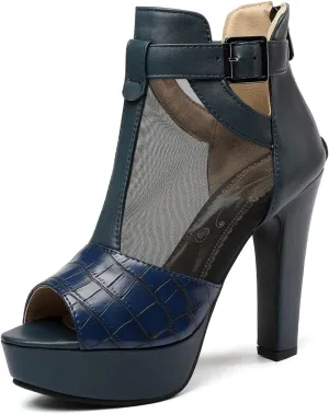 VOKLIN Women's Fashion Peep Toe Chunky Block High Heel Sandals Sexy Mesh Platform Dress Heeled Sandal Booties
