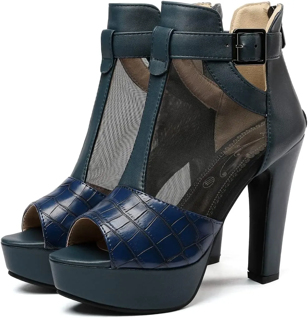 VOKLIN Women's Fashion Peep Toe Chunky Block High Heel Sandals Sexy Mesh Platform Dress Heeled Sandal Booties