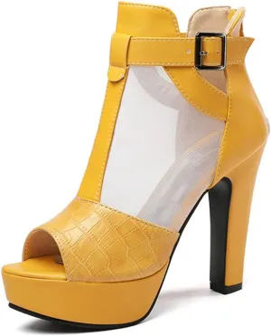 VOKLIN Women's Fashion Peep Toe Chunky Block High Heel Sandals Sexy Mesh Platform Dress Heeled Sandal Booties