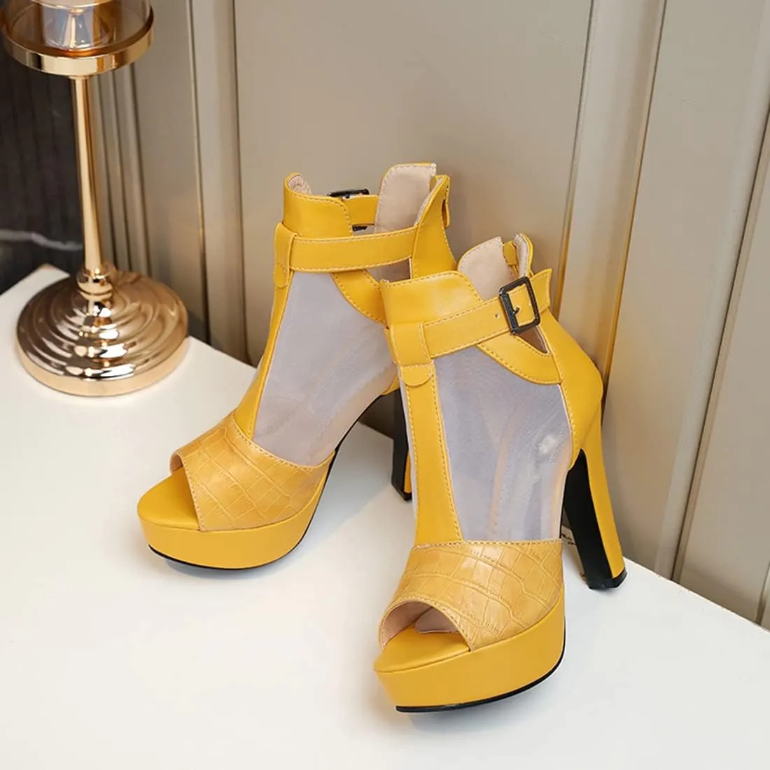 VOKLIN Women's Fashion Peep Toe Chunky Block High Heel Sandals Sexy Mesh Platform Dress Heeled Sandal Booties
