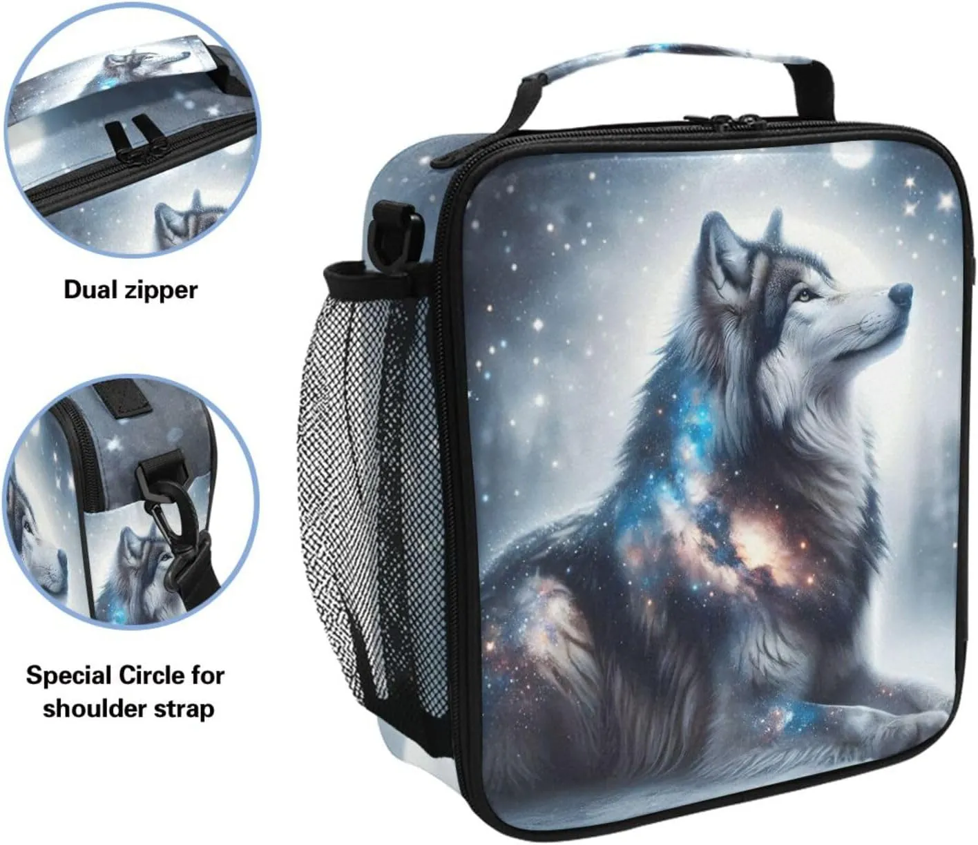 Wolf Night Sky Lunch Box Insulated Lunch Bag Prep Kids Cooler Tote Freezable Shoulder Strap Waterproof Picnic Meal for School Office, 8541996862