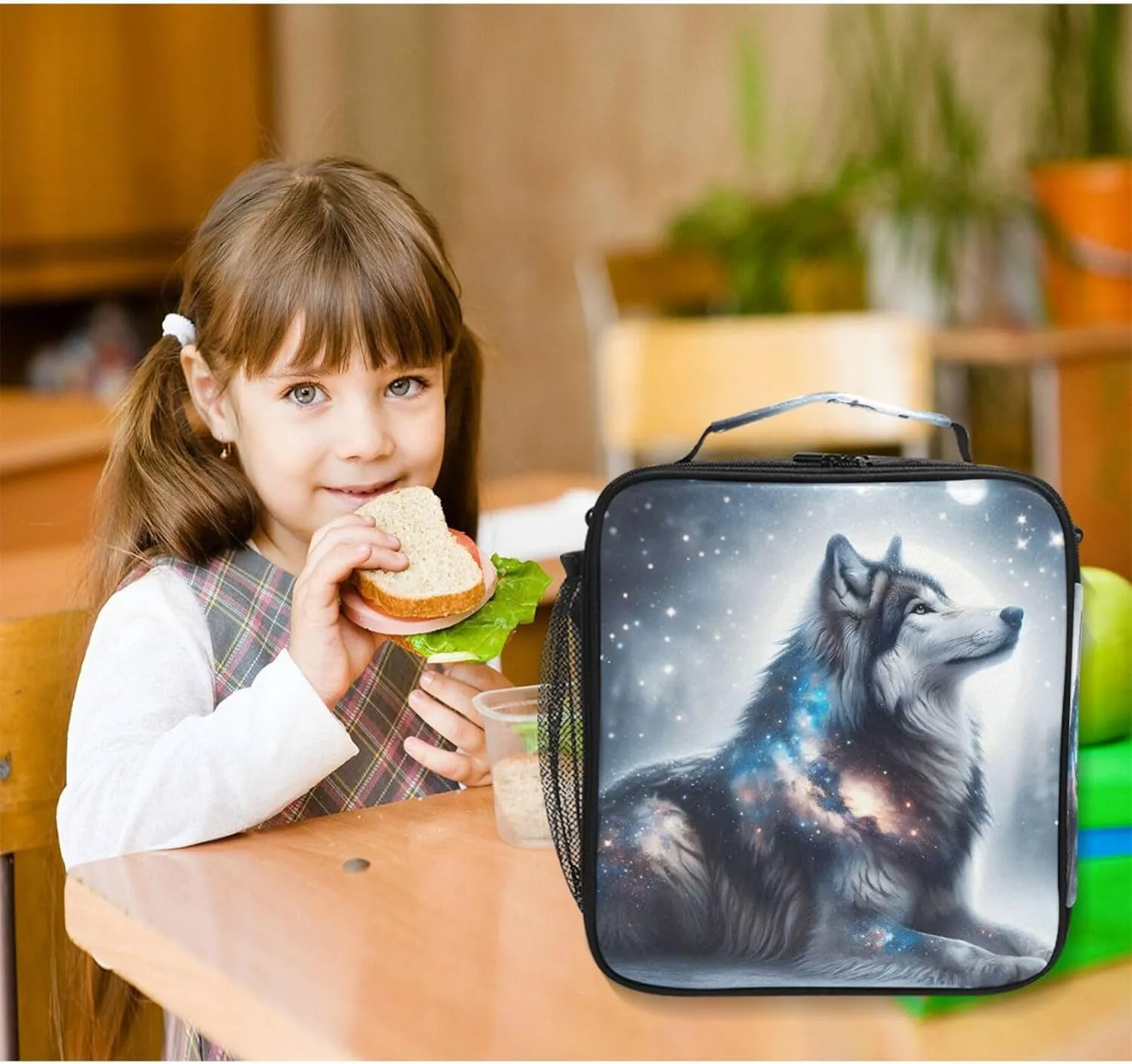 Wolf Night Sky Lunch Box Insulated Lunch Bag Prep Kids Cooler Tote Freezable Shoulder Strap Waterproof Picnic Meal for School Office, 8541996862