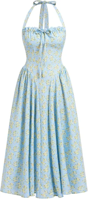 Women Floral Corset Dress Summer Dresses Boho Flowy Adjustable Halter Neck Lace Up Midi Dresses A Line Casual Sundress