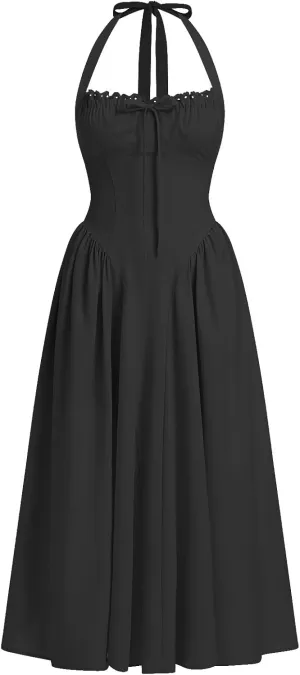 Women Floral Corset Dress Summer Dresses Boho Flowy Adjustable Halter Neck Lace Up Midi Dresses A Line Casual Sundress