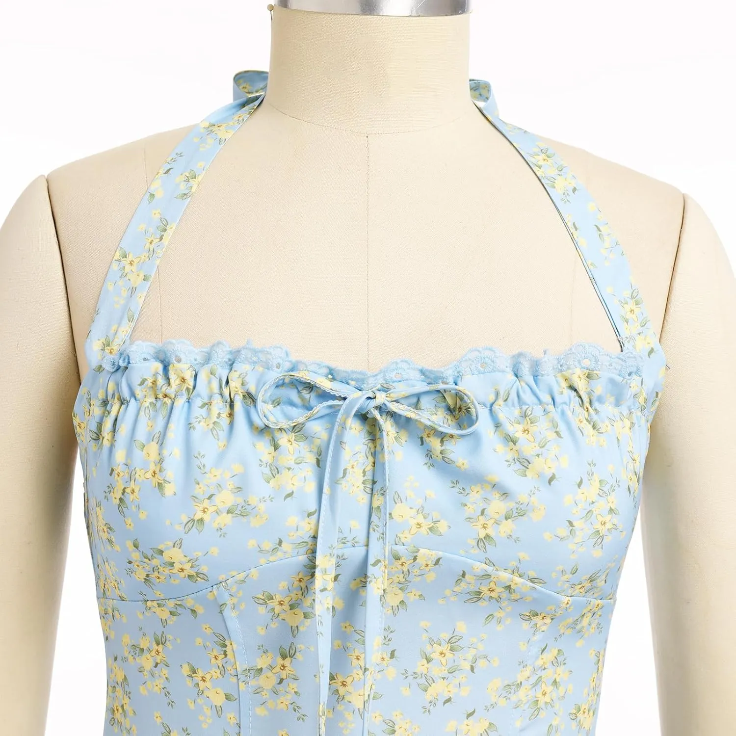 Women Floral Corset Dress Summer Dresses Boho Flowy Adjustable Halter Neck Lace Up Midi Dresses A Line Casual Sundress
