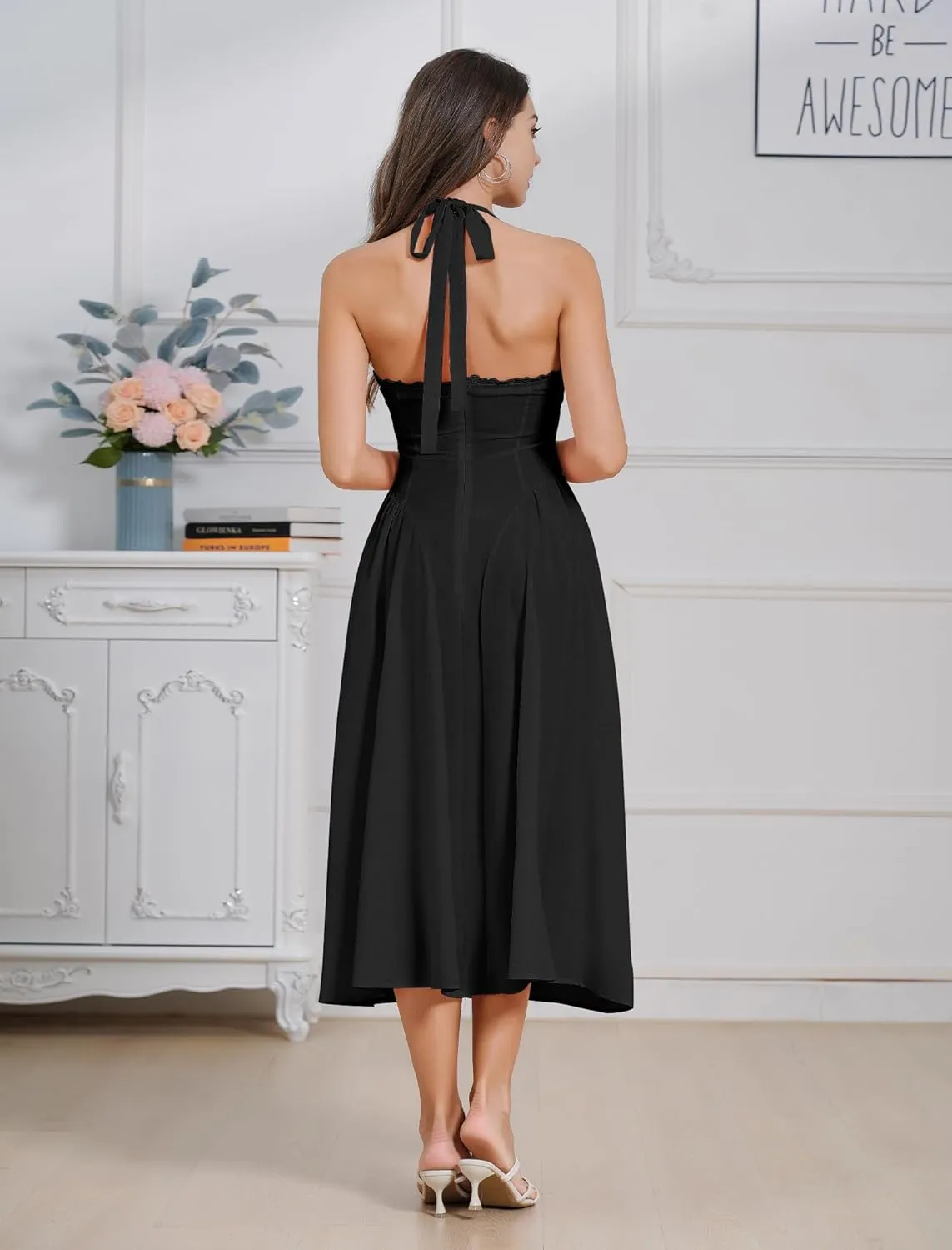 Women Floral Corset Dress Summer Dresses Boho Flowy Adjustable Halter Neck Lace Up Midi Dresses A Line Casual Sundress