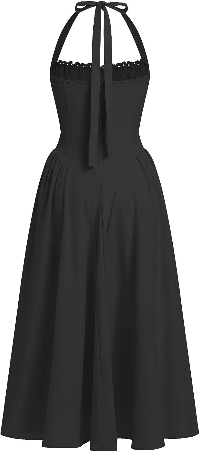 Women Floral Corset Dress Summer Dresses Boho Flowy Adjustable Halter Neck Lace Up Midi Dresses A Line Casual Sundress