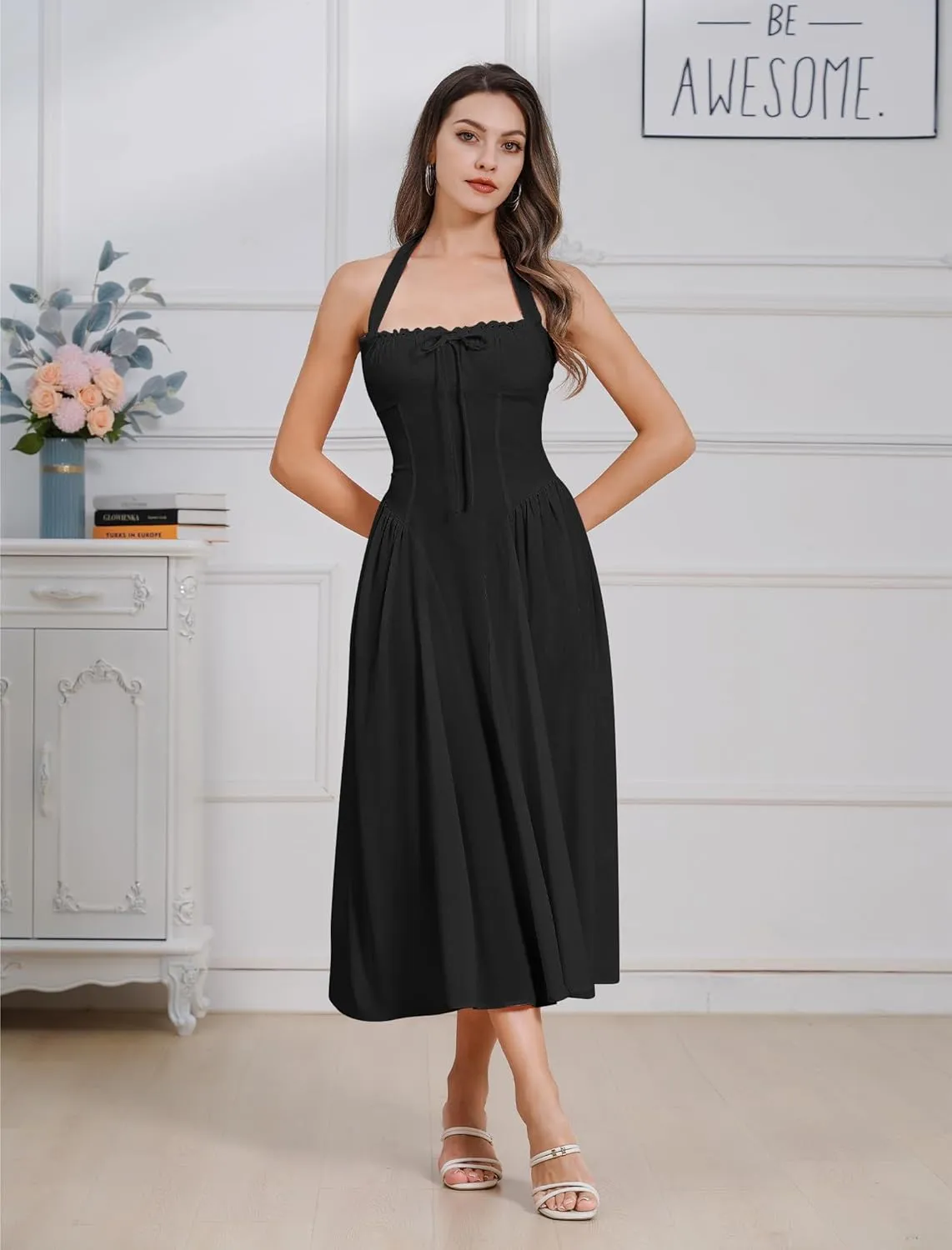Women Floral Corset Dress Summer Dresses Boho Flowy Adjustable Halter Neck Lace Up Midi Dresses A Line Casual Sundress