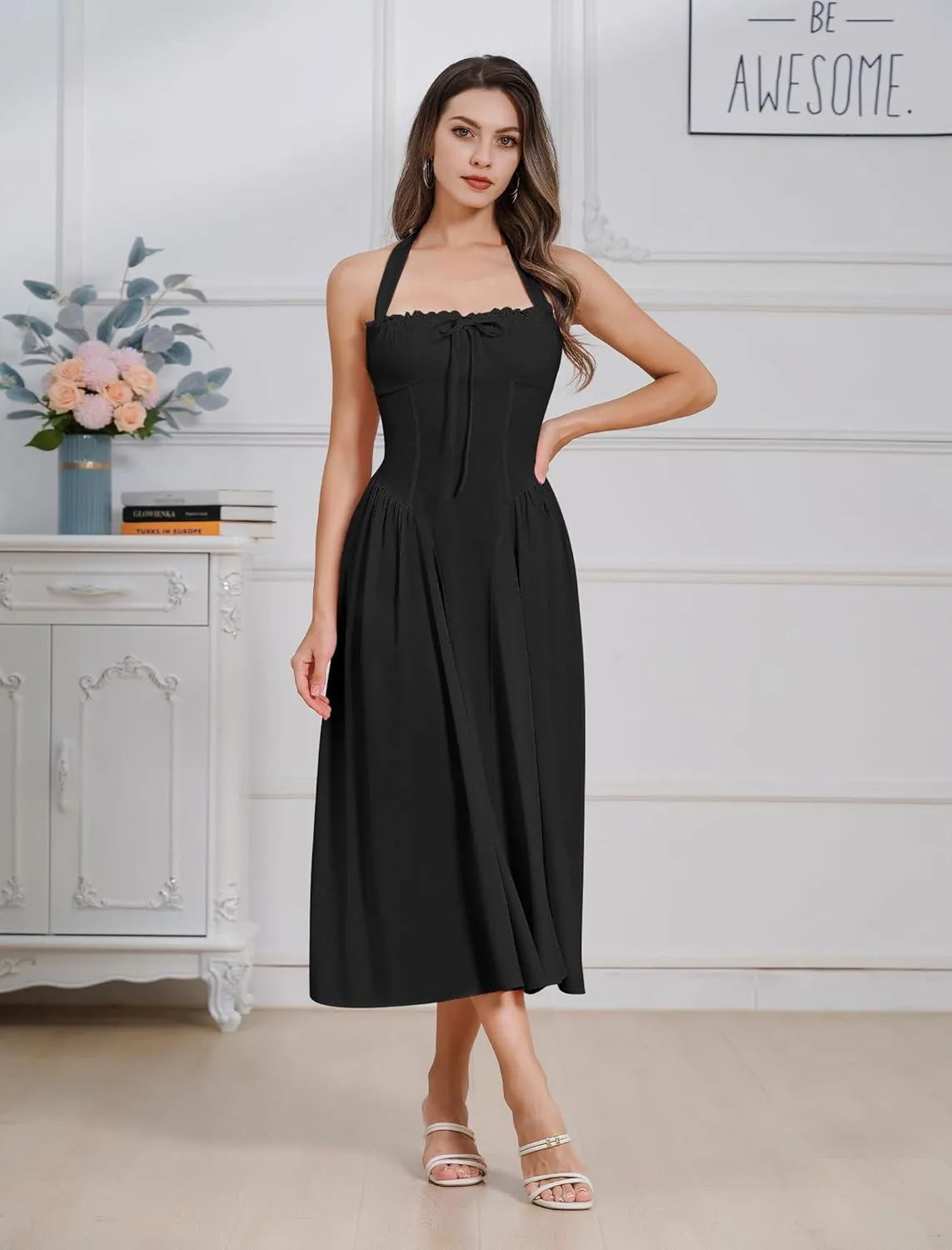 Women Floral Corset Dress Summer Dresses Boho Flowy Adjustable Halter Neck Lace Up Midi Dresses A Line Casual Sundress